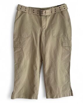 Liz Claiborne Audra 100% Cotton Tan Belted Cropped Capri Pants Size 10